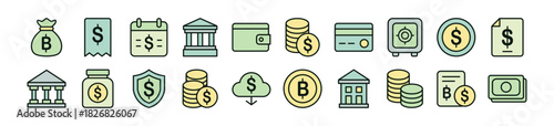 Clean flat finance and banking icon set featuring credit cards, wallet, shield, money bags, stacked coins, banknotes, receipts, financial documents, safe box, banks, cloud download, and savings jars. 