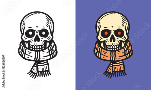Skull wearing warm scarf around neck, creepy winter style, spooky cold season character illustration.