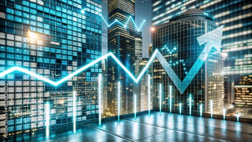 Digital Growth Trends with Illuminated Stock Market Chart on Urban Skyline