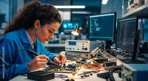 Female computer engineer working on circuit board in modern lab, concept of Computer Scientist Day  