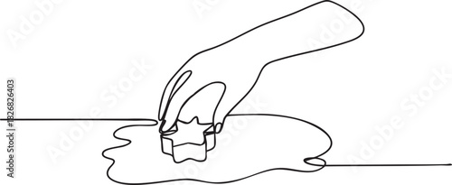 Continuous single line drawing of a hand holding a cookie cutter above a dough sheet, elegant minimalist baking concept in clean modern outline vector illustration
