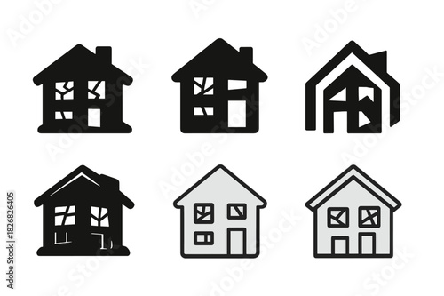 Abandoned House Logos. Dilapidated house with no sign of life. Icon set. Set Logo of abandoned home: shattered windows. harmonious logo variations of the same