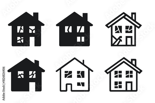 Abandoned House Logos. Dilapidated house with no sign of life. Icon set. Set Logo of abandoned home: shattered windows. harmonious logo variations of the same