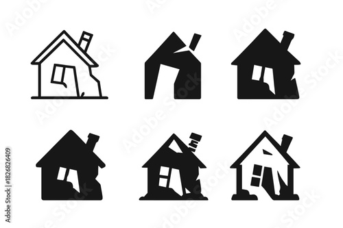 Abandoned House Logos. Dilapidated house with no sign of life. Icon set. Set Logo of abandoned home: leaning chimney. harmonious logo variations of the same