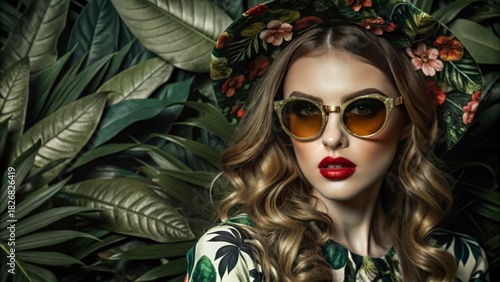 Elegant Woman in Floral Hat and Sunglasses Amidst Lush Greenery