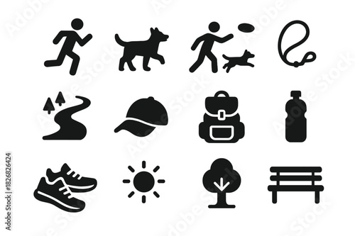 Active Lifestyle Icons. Active Lifestyle with Dog. Solid icon set of runner, dog, frisbee, leash, trail, hat, backpack, water bottle, sneakers, sun, tree, park