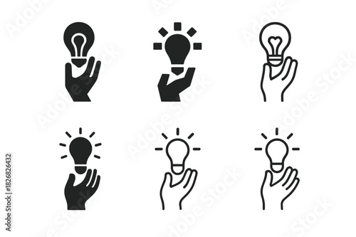 Active Learning Logos. Active learning. Icon set. Set Logo of active learning: hand raising with lightbulb. harmonious logo variations of the same emblematic
