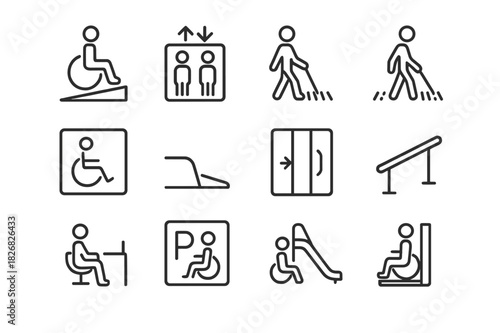 Accessible Environment Icons. Accessible Environments. Line icon set of Accessible Environments: wheelchair ramp, elevator, braille sign, tactile path,