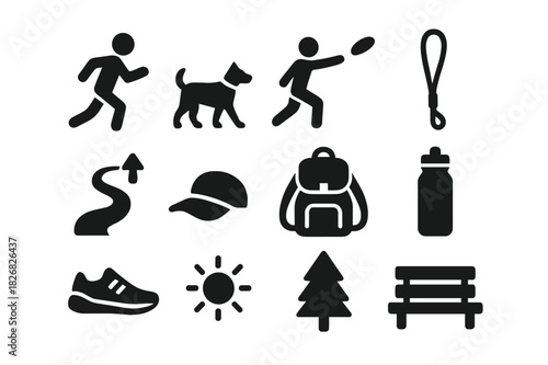 Active Lifestyle Icons. Active Lifestyle with Dog. Solid icon set of runner, dog, frisbee, leash, trail, hat, backpack, water bottle, sneakers, sun, tree, park