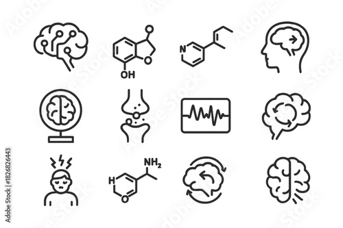Addiction Science Icons. Addiction science. Line icon set of addiction science: brain with circuits, neurotransmitter icon, dopamine molecule, reward pathway,