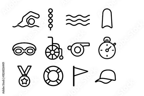 Adaptive Swimming Icons. Adaptive swimming. Line icon set of adaptive swimming: swimmer, pool lane, water wave, kickboard, goggles, wheelchair, whistle,