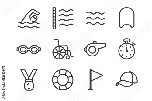 Adaptive Swimming Icons. Adaptive swimming. Line icon set of adaptive swimming: swimmer, pool lane, water wave, kickboard, goggles, wheelchair, whistle,