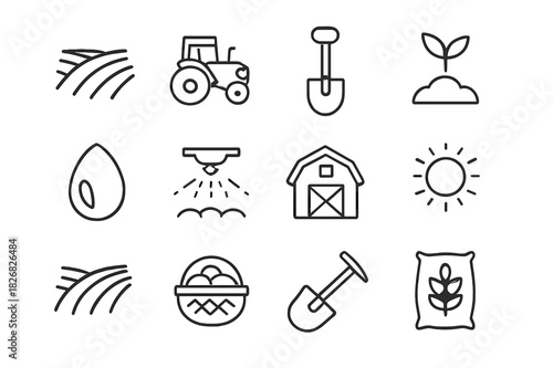 Agriculture Icon Set. Agriculture. Line icon set of Agriculture: plowed field, tractor, shovel, plant, seed, irrigation, barn, sun, crop rows, basket, hoe,