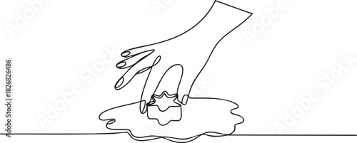 Continuous single line drawing of a hand holding a cookie cutter above a dough sheet, elegant minimalist baking concept in clean modern outline vector illustration