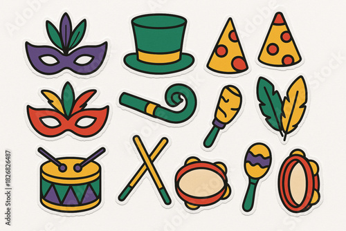 Carnival icon pack torn vector style masks hats whistles feathers rhythms on white background