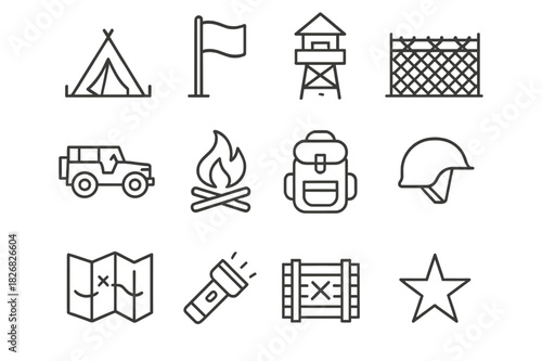 Army Base Icons. Army base setup. Line icon set of army base setup: tent, flag, guard tower, fence, jeep, campfire, backpack, helmet, map, flashlight, weapon