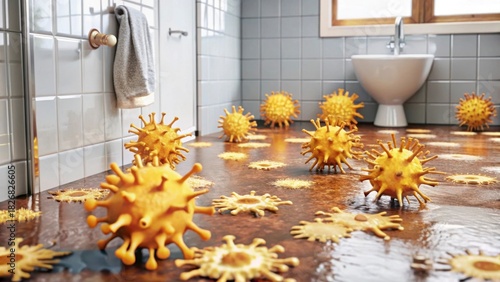 Surreal Bathroom Scene with Virus Models on Floor