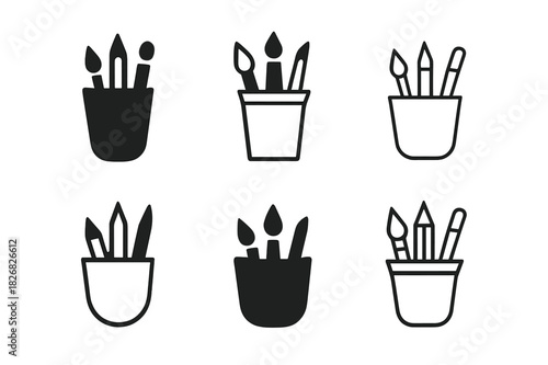 Art Supplies Icons. Art supplies in a cup. Icon set. Set Logo of art supplies in a cup: Creative desk accessory silhouette. harmonious logo variations of the