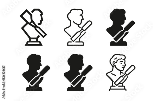 Artistic Mastery Logos. Mastering a craft or artistic skill. Icon set. Set Logo of artistic mastery: sculpting chisel and statue. harmonious logo variations of