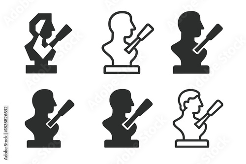 Artistic Mastery Logos. Mastering a craft or artistic skill. Icon set. Set Logo of artistic mastery: sculpting chisel and statue. harmonious logo variations of