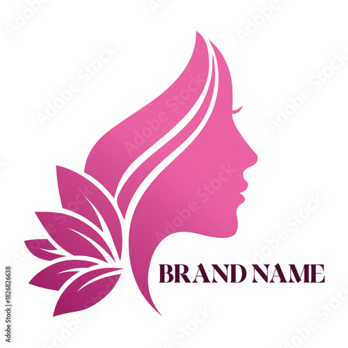 Modern Feminine Beauty Salon Logo Design with Elegant Woman Face and Floral Hair Vector
