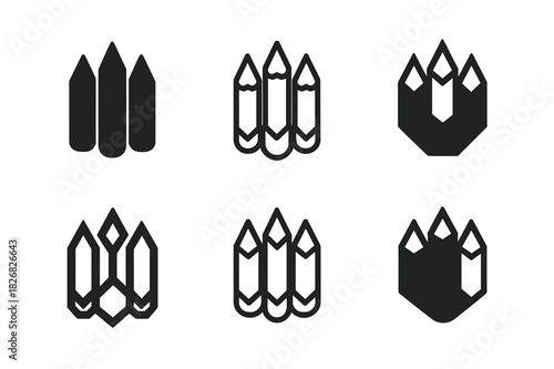 Artistic Pencil Logos. Drawing tools. Icon set. Set Logo of drawing tools: color pencils arrangement. harmonious logo variations of the same emblematic