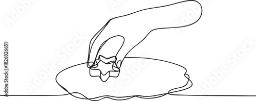 Continuous single line drawing of a hand holding a cookie cutter above a dough sheet, elegant minimalist baking concept in clean modern outline vector illustration