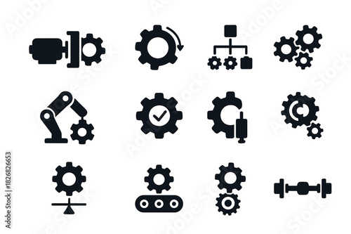 Automation Icons Grid. Automation icons. Solid icon set of Automation icons: motor gear, gear rotation, process cog, interlinked gears, robotic joint, control