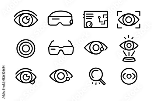Augmented Vision Icons. Augmented Vision. Line icon set of Augmented Vision: bionic eye, AR visor, digital display, retinal scanner, camera lens, HUD glasses,