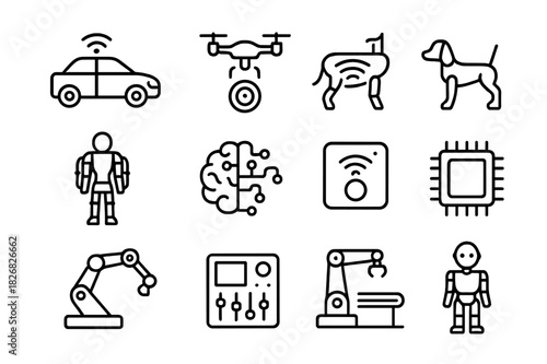 Autonomous Machines Icons. Autonomous Machines. Line icon set of Autonomous Machines: autonomous car, drone, robotic vacuum, robot dog, exoskeleton, AI brain,