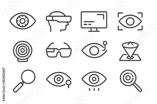 Augmented Vision Icons. Augmented Vision. Line icon set of Augmented Vision: bionic eye, AR visor, digital display, retinal scanner, camera lens, HUD glasses,