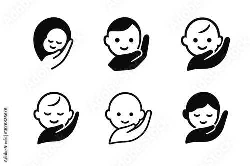 Baby Care Icons. Baby care. Icon set. Set Logo of baby care: Hand protecting baby face. harmonious logo variations of the same emblematic concept, each with