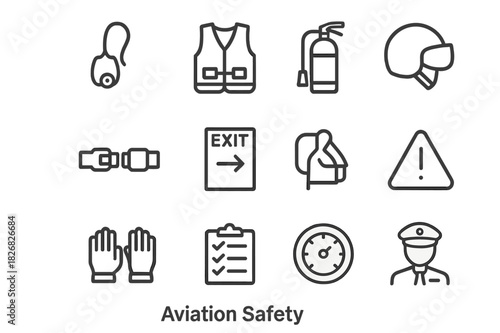 Aviation Safety Icons. Aviation Safety. Line icon set of Aviation Safety: oxygen mask, life vest, fire extinguisher, seatbelt, emergency exit, helmet, gloves,