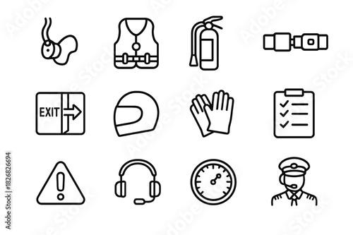 Aviation Safety Icons. Aviation Safety. Line icon set of Aviation Safety: oxygen mask, life vest, fire extinguisher, seatbelt, emergency exit, helmet, gloves,