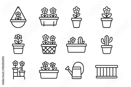 Balcony Flower Pot Icons. Flower pots on a balcony. Line icon set of flower pots on a balcony: hanging pot, railing planter, terracotta pot, ceramic pot, metal