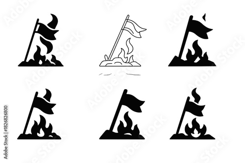 Battlefield Remains Logos. The remains of a battlefield with smoke rising into the sky. Icon set. Set Logo of battlefield remains: scorched flagpole.