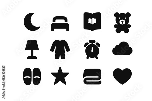 Bedtime Icon Set. Bedtime Routine. Solid icon set of Bedtime Routine: moon, bed, storybook, teddy bear, lamp, pajamas, clock, cloud, slippers, star, blanket,
