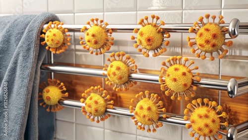 Creative Virus Representation on Towel Rack in Bathroom