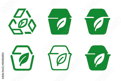 Biodegradable Logo Icons. Biodegradable materials. Icon set. Set Logo of biodegradable materials: eco-friendly container icon. harmonious logo variations of