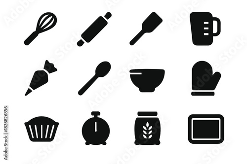 Black Baking Tools Icons. Baking Tools. Solid icon set of Baking Tools: whisk, rolling pin, spatula, measuring cup, piping bag, spoon, bowl, oven mitt, cupcake