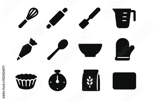 Black Baking Tools Icons. Baking Tools. Solid icon set of Baking Tools: whisk, rolling pin, spatula, measuring cup, piping bag, spoon, bowl, oven mitt, cupcake