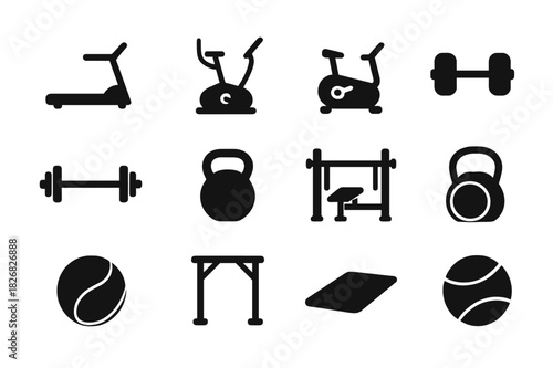 Black Gym Icons. Gym equipment. Solid icon set of Gym equipment: treadmill, elliptical, stationary bike, dumbbells, barbells, kettlebells, bench press,