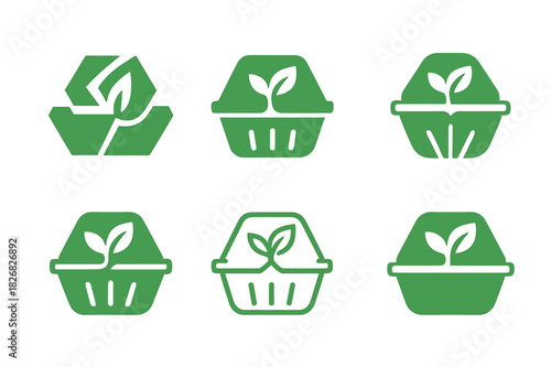 Biodegradable Logo Icons. Biodegradable materials. Icon set. Set Logo of biodegradable materials: eco-friendly container icon. harmonious logo variations of