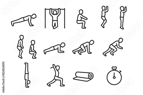 Bodyweight Exercise Icons. Bodyweight exercises. Line icon set of bodyweight exercises: push-up figure, pull-up figure, sit-up figure, burpee, jump squat,