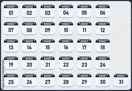Vector illustration of a calendar grid showing the thirty-one days of the month of August.