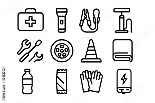 Car Travel Essentials. Car travel kit. Line icon set of car travel kit: first aid box, flashlight, jumper cables, tire pump, wrench, spare tire, emergency