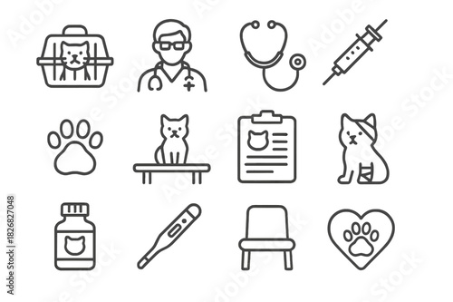 Cat Vet Icons. Taking a Cat to the Vet. Line icon set of Taking a Cat to the Vet: cat in carrier, veterinarian, stethoscope, syringe, cat paw print,