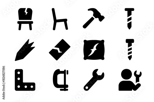 Chair Repair Icons. Chair Breakdown. Solid icon set of Chair Breakdown: cracked chair, falling leg, hammer, nail, splinter, broken board, cushion rip, screw,