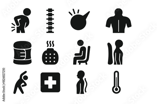 Chronic Pain Icons. Chronic Back Pain. Solid icon set of person holding back, spine, pain lines, muscle, back brace, hot pack, chair, pillow, stretching pose,