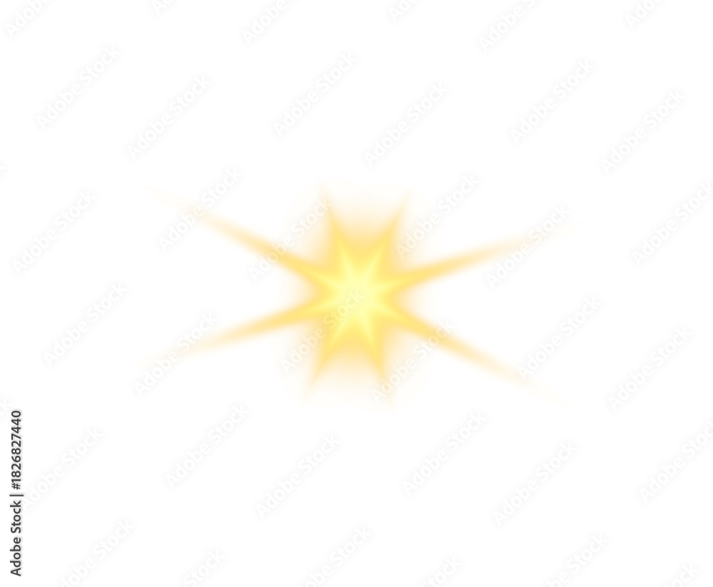 Obraz premium Yellow star glows with radiant gold light. PNG. Sparkling dust particles and tiny stars hover in the background. Soft light beams shine and scatter around the star.